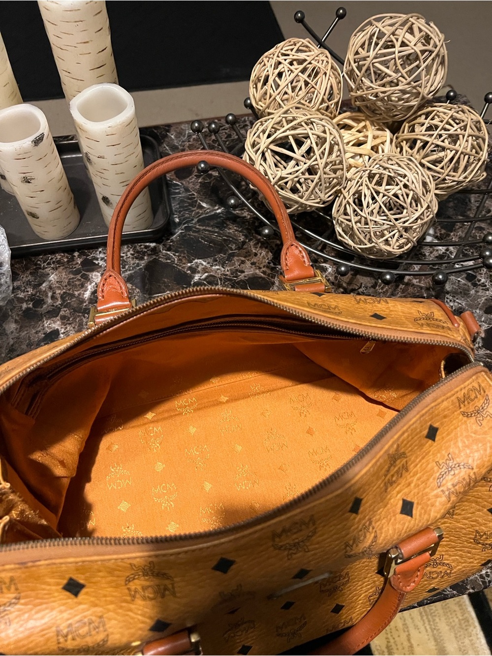 MCM Cognac Visetos Barrel Duffel with Tan Handles like a speedy 35 - Picture 8 of 12